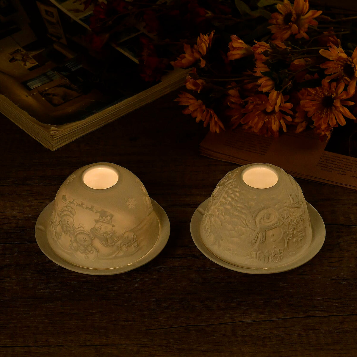 Set of 2 Snowmen Pattern Porcelain Candle Holder With LED Light - White 7827063 3