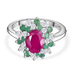 John Saul Ruby, Emerald and Moissanite Floral Ring in Rhodium Overlay Sterling Silver 2.48 Ct._7827479