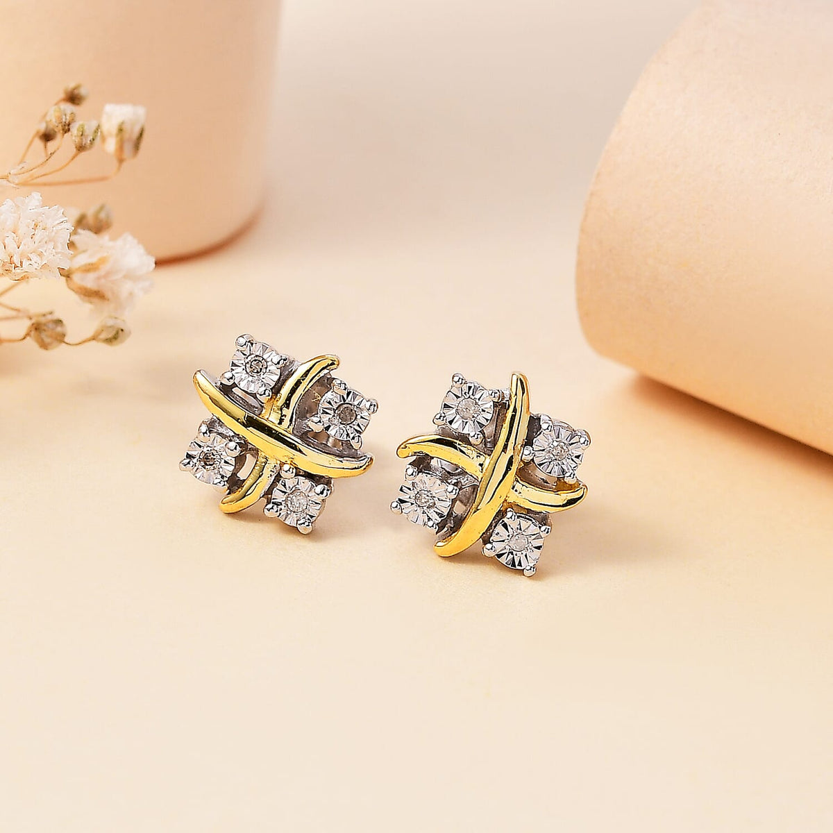 Designer Inspired One Time Closeout Diamond Earrings With Push Back in 14K Gold Plated Overlay Sterling Silver 7827642 2