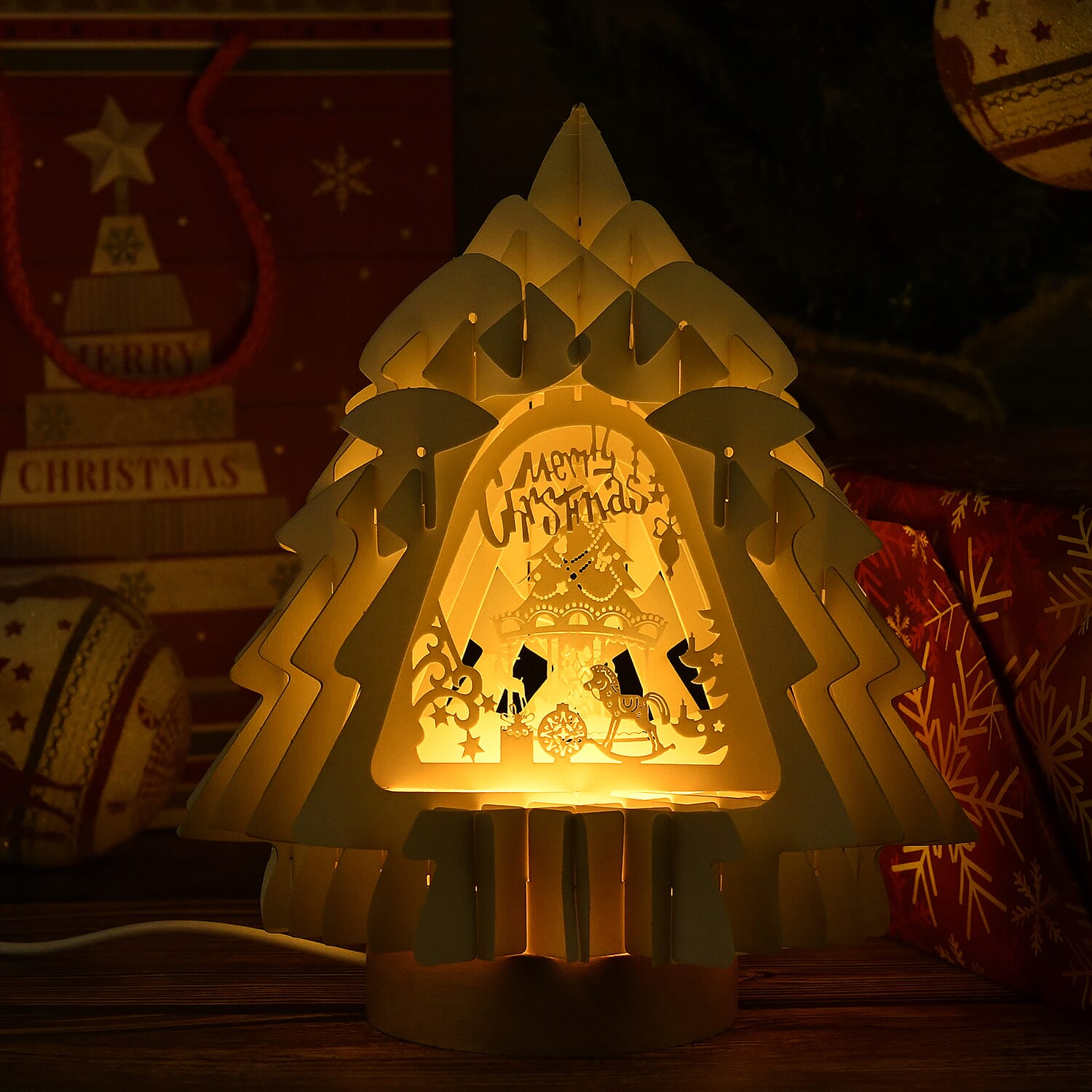 3D Paper Tree Lamp with Merry Christmas - White V32531252 10