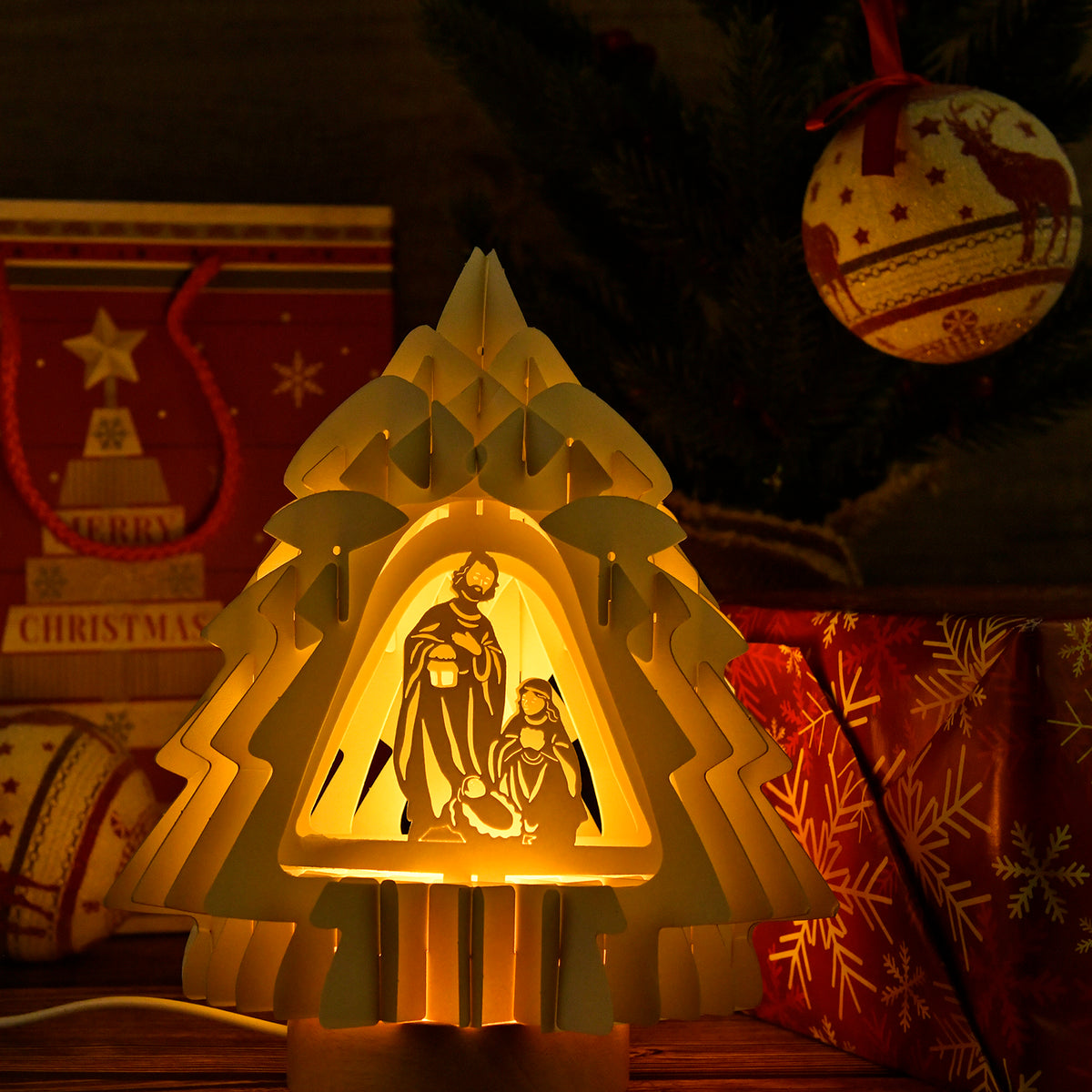 3D Paper Tree Lamp with Nativity Scene V32526856 1