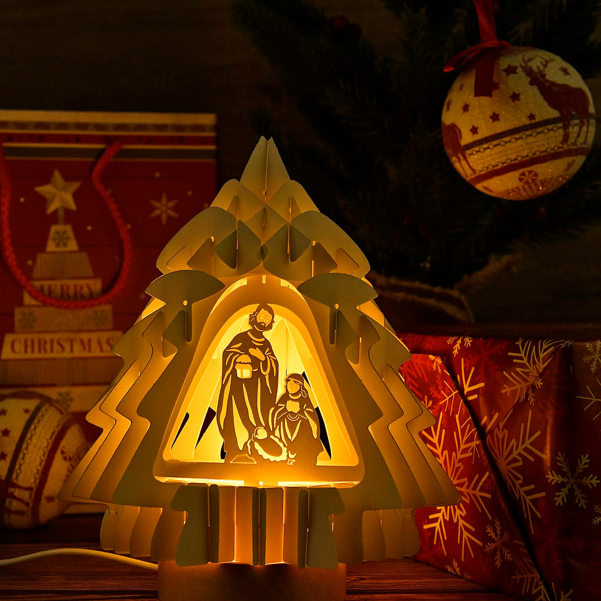 3D Paper Tree Lamp with Nativity Scene V32526856 10