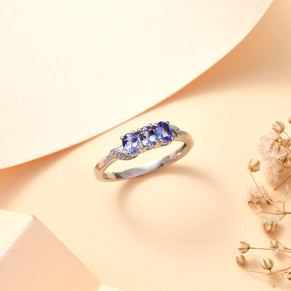 Premium Tanzanite Trilogy Ring in Platinum Overlay Sterling Silver V32642571 2