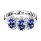 D'Joy AAA Tanzanite & Natural Zircon Trilogy Halo Ring in Rhodium Overlay Sterling Silver 1.83 Ct._7832039