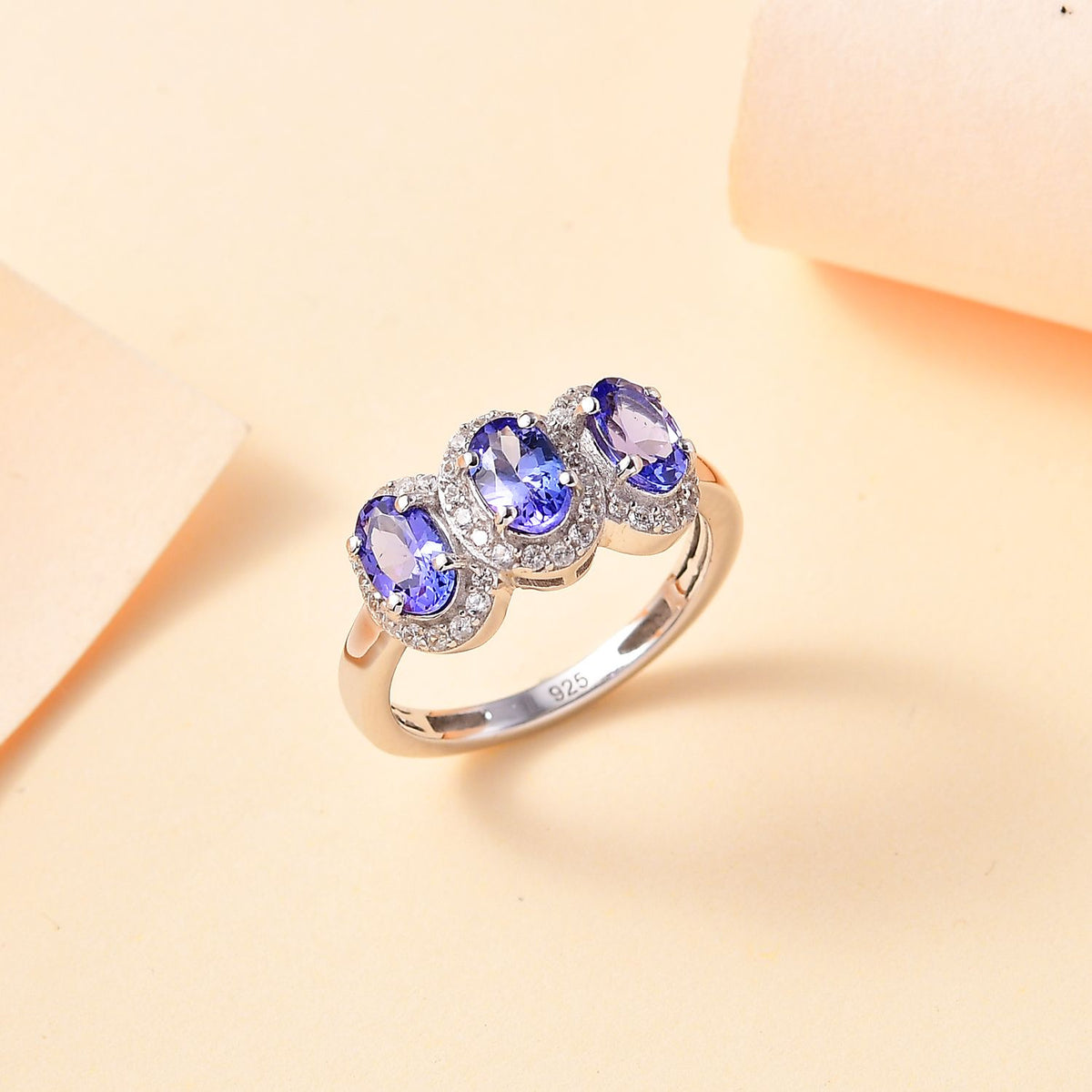 Tanzanite Ring with and Natural Zircon Halo in Rhodium Overlay Sterling Silver V32524170 2