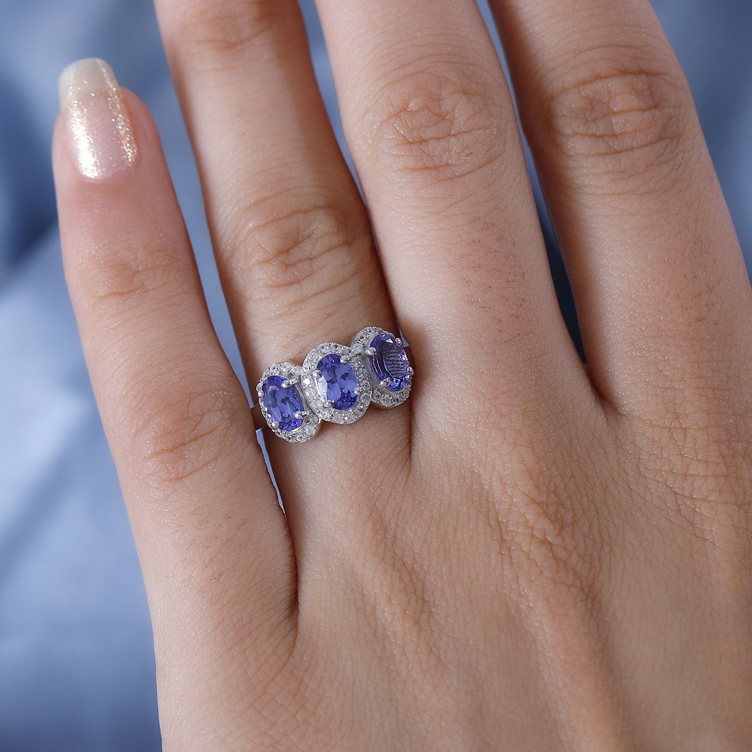 Tanzanite Ring with and Natural Zircon Halo in Rhodium Overlay Sterling Silver V32524170 3