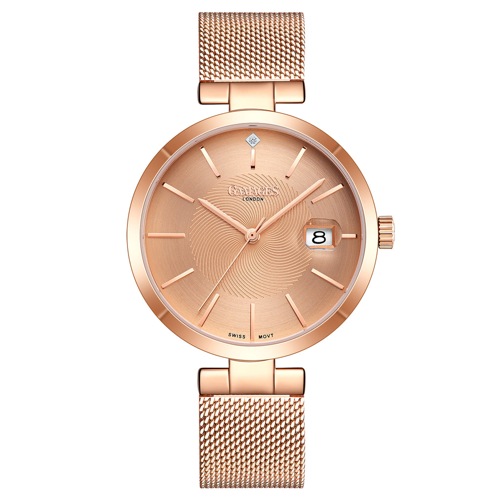 GAMAGES OF LONDON Swiss Movement Pink Dial Quintessential Diamond Studded Water Resistant Watch in Rose Gold Tone_7839845