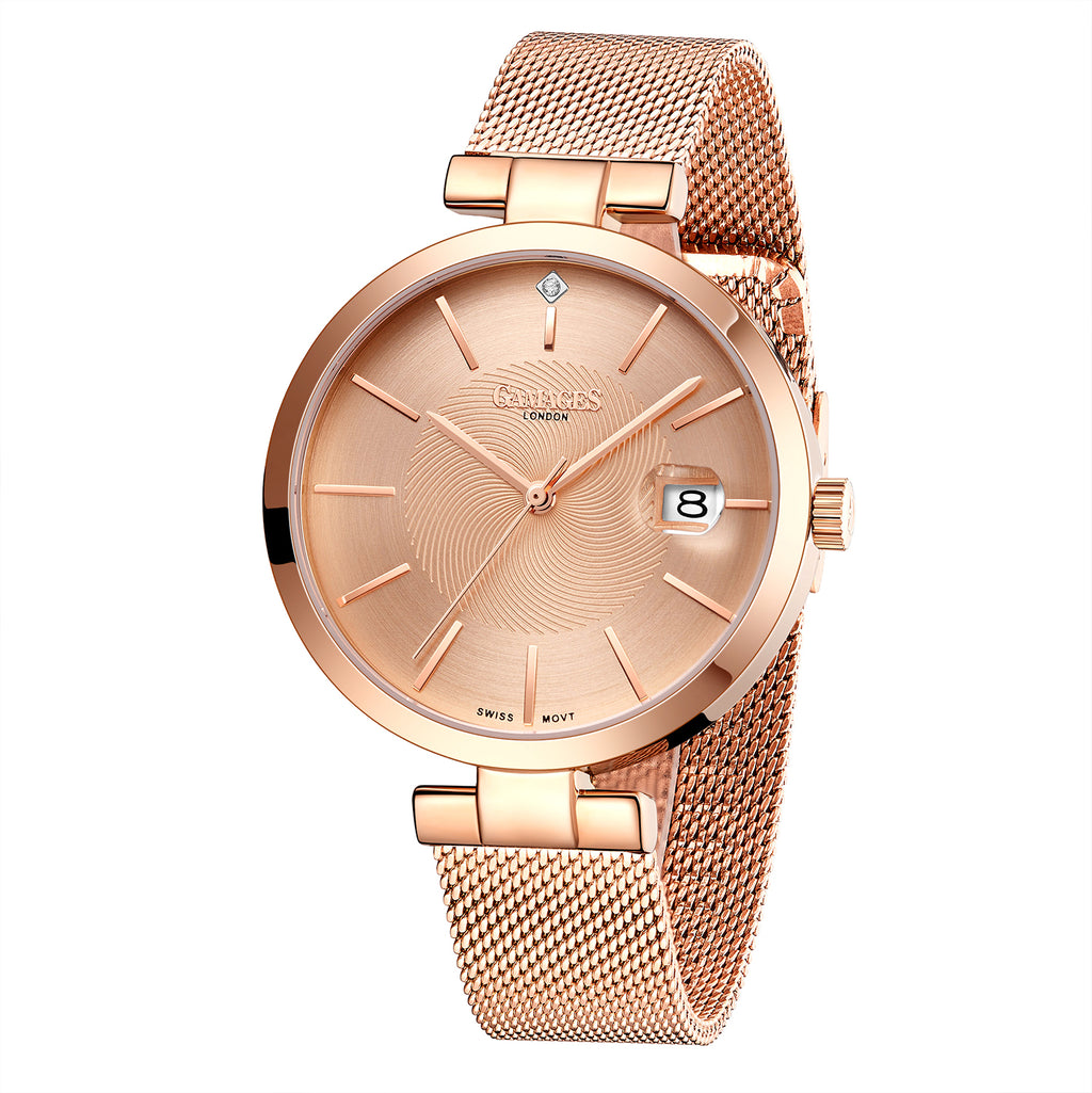 GAMAGES OF LONDON Swiss Movement Pink Dial Quintessential Diamond Studded Water Resistant Watch in Rose Gold Tone_7839845_3