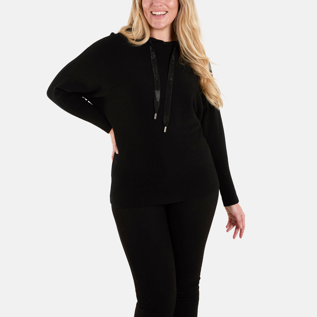 QED London Diamante Drawstring Hoodie (Size M-L) - Black 7840652 0