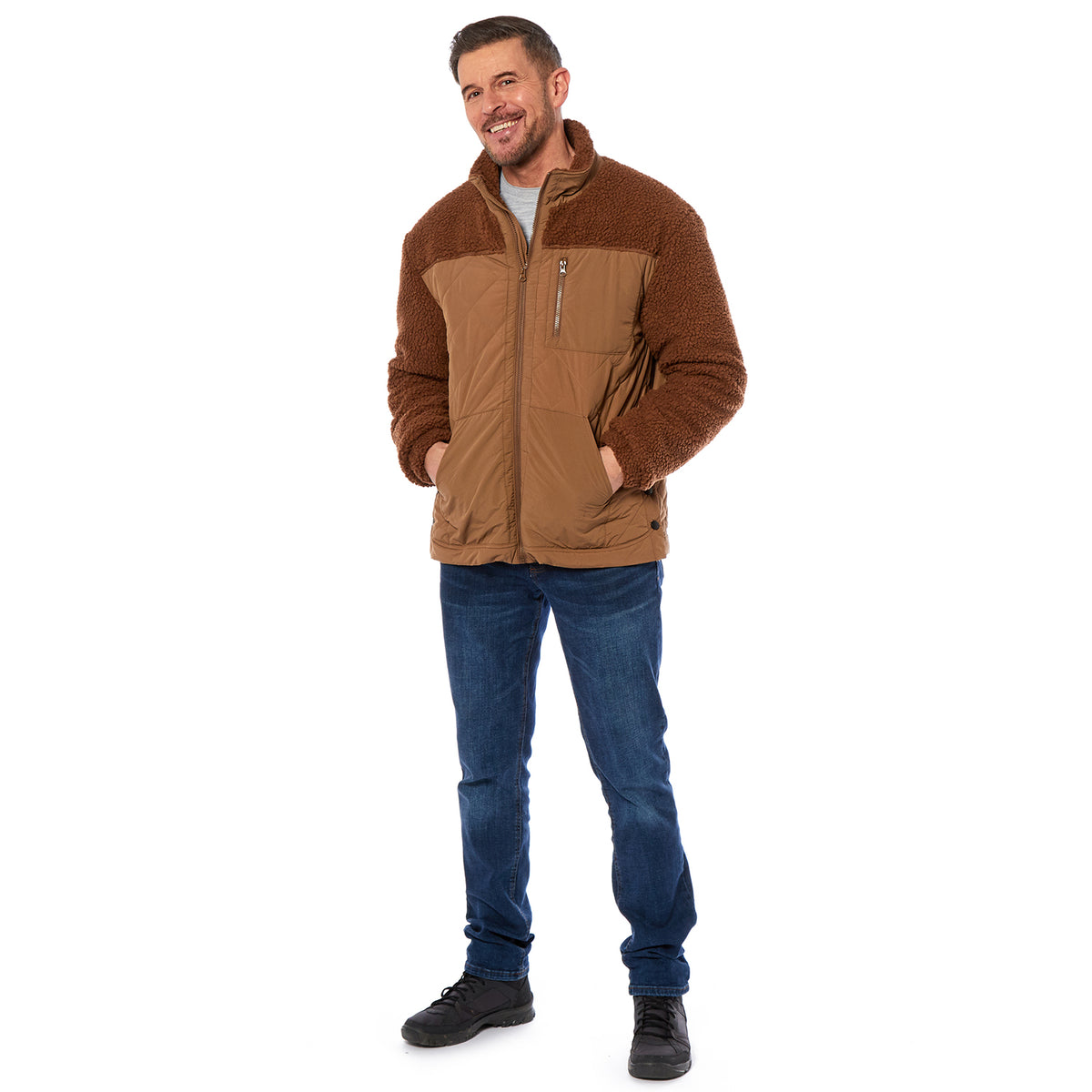 Men's Diamond Quilted Teddy Fleece Jacket - Tan V32582998 2