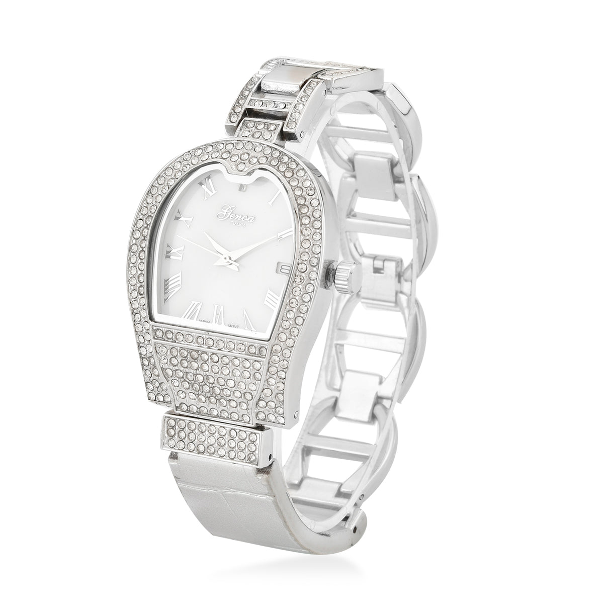 GENOA TIME V2 Seiko VJ32 with Date Japan Movement 3ATM Water Resistant White Crystal MOP Dial Watch with Silver Colour Leather &amp; Alloy Strap V32517613 0
