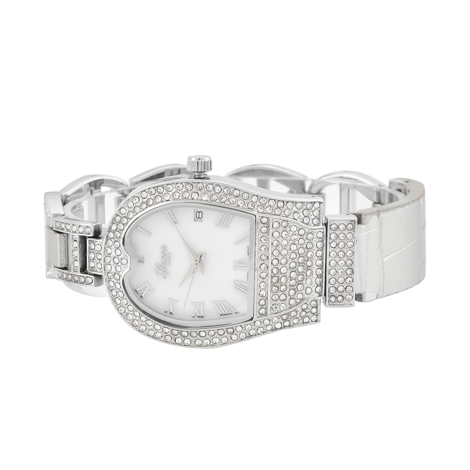 GENOA TIME V2 Seiko VJ32 with Date Japan Movement 3ATM Water Resistant White Crystal MOP Dial Watch with Silver Colour Leather &amp; Alloy Strap V32517613 4