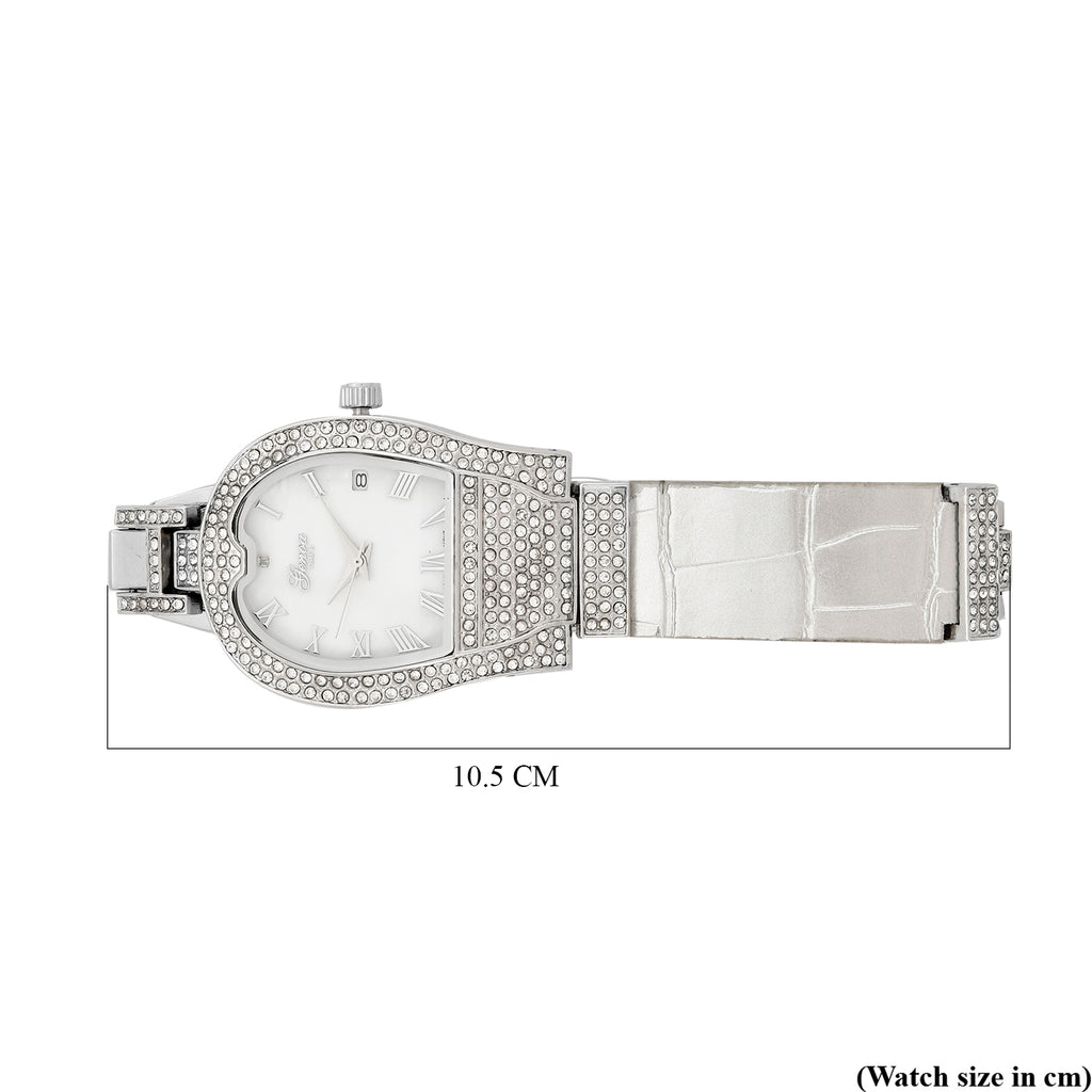 GENOA TIME V2 Seiko VJ32 with Date Japan Movement 3ATM Water Resistant White Crystal MOP Dial Watch with Silver Colour Leather & Alloy Strap_7841834_5