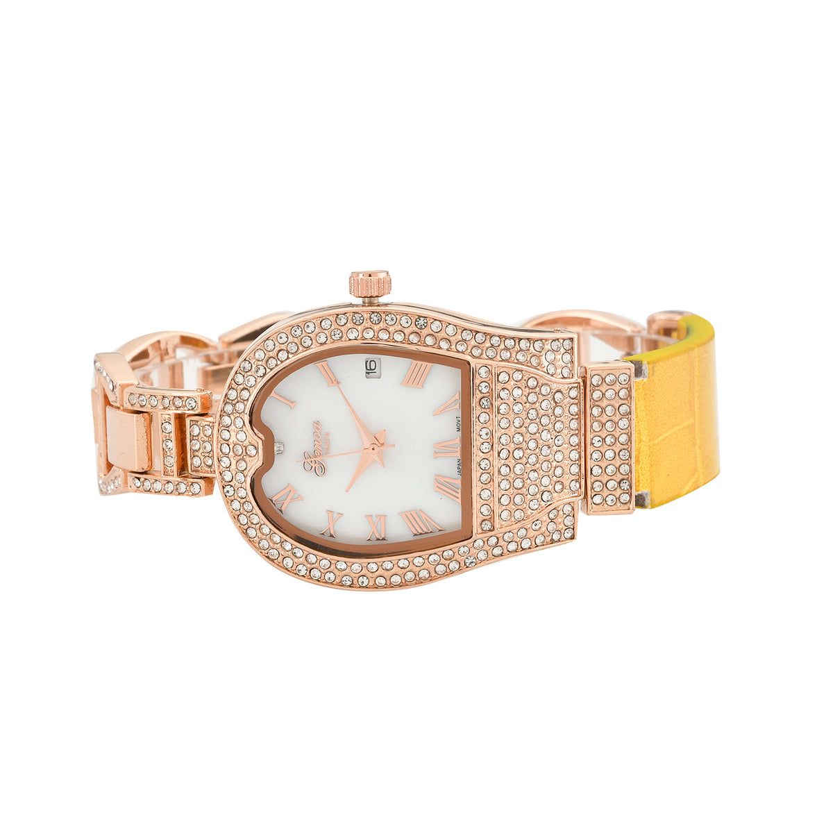 GENOA TIME V2 Seiko VJ32 with Date Japan Movement 3ATM Water Resistant White Crystal MOP Dial Watch with Yellow Leather &amp; Alloy Strap 7841839 4