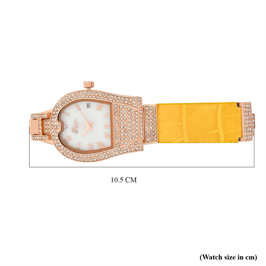 GENOA TIME V2 Seiko VJ32 with Date Japan Movement 3ATM Water Resistant White Crystal MOP Dial Watch with Yellow Leather & Alloy Strap_7841839_5