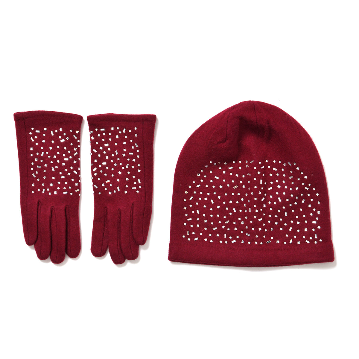 Premium Cashmere Wool Crystal Embellished Hat and Gloves - Burgundy V32519904 0