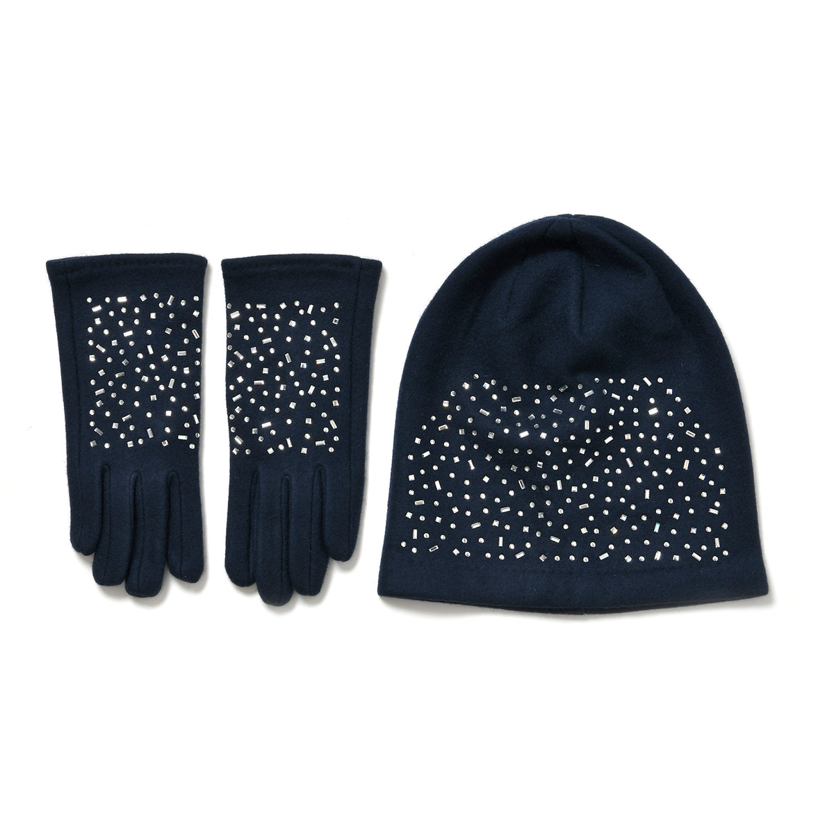 Premium Cashmere Wool Crystal Embellished Hat and Gloves - Blue V32515569 0