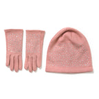 Premium Cashmere Wool Crystal Embellished Hat and Gloves - Pink_7842644