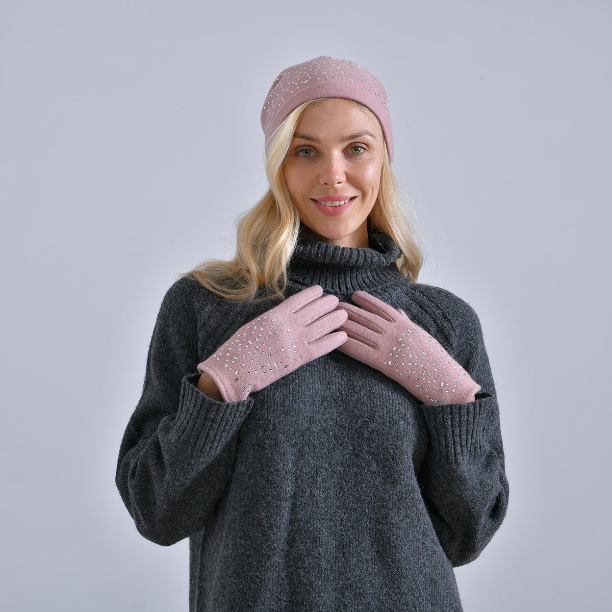 Premium Cashmere Wool Crystal Embellished Hat and Gloves - Pink V32515723 2