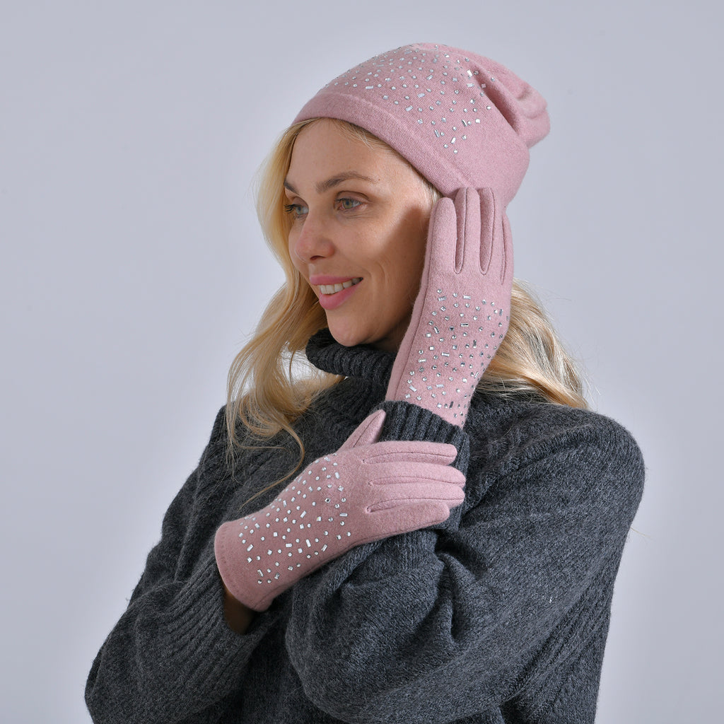 Premium Cashmere Wool Crystal Embellished Hat and Gloves - Pink_7842644_2