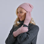 Premium Cashmere Wool Crystal Embellished Hat and Gloves - Pink_7842644_2