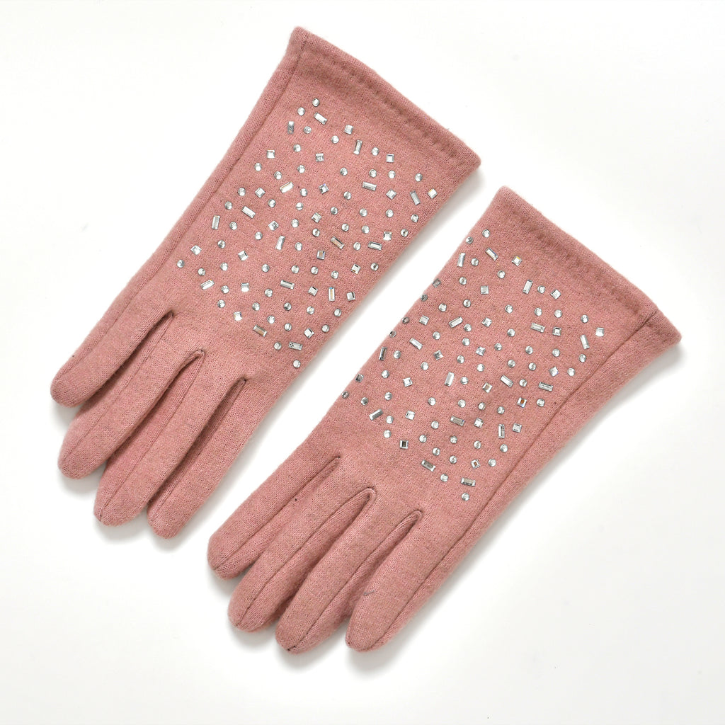 Premium Cashmere Wool Crystal Embellished Hat and Gloves - Pink_7842644_6