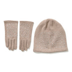 Premium Cashmere Wool Crystal Embellished Hat and Gloves - Beige_7842646