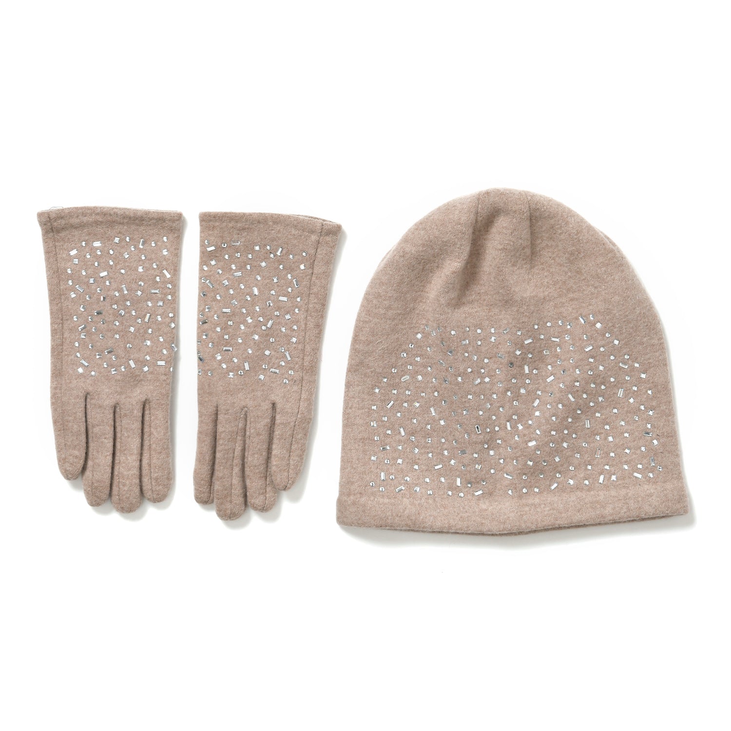 Premium Cashmere Wool Crystal Embellished Hat and Gloves - Beige V32515399 0
