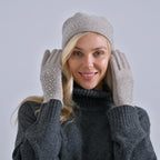 Premium Cashmere Wool Crystal Embellished Hat and Gloves - Beige_7842646_1