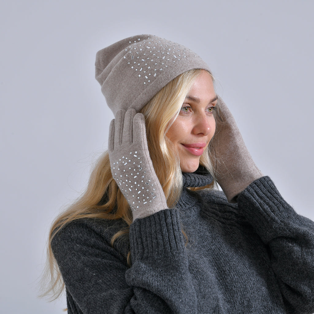 Premium Cashmere Wool Crystal Embellished Hat and Gloves - Beige_7842646_2