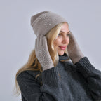 Premium Cashmere Wool Crystal Embellished Hat and Gloves - Beige_7842646_2