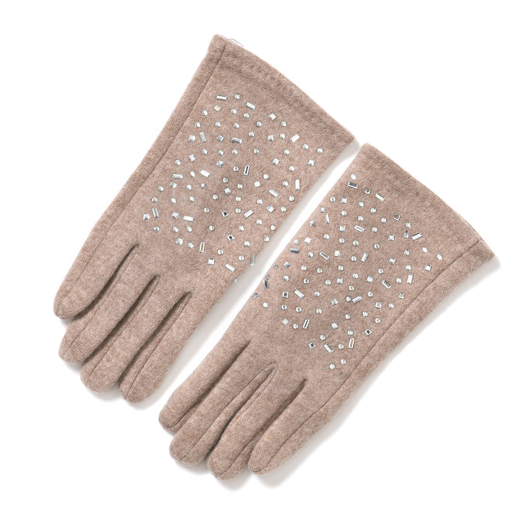 Premium Cashmere Wool Crystal Embellished Hat and Gloves - Beige_7842646_6