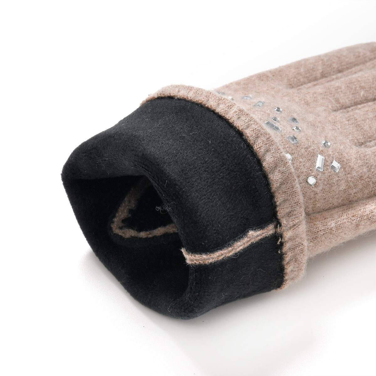 Premium Cashmere Wool Crystal Embellished Hat and Gloves - Beige V32515399 9
