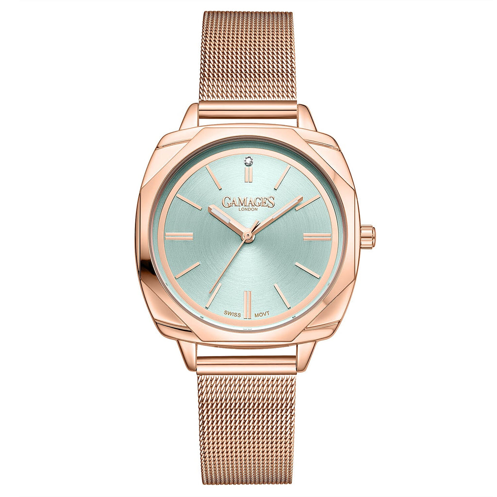 Gamages of London Dahlia Diamond Swiss Quartz Movement Light Green Dial WR Ladies Watch with Milanese Bracelet - Rose Gold_7843956