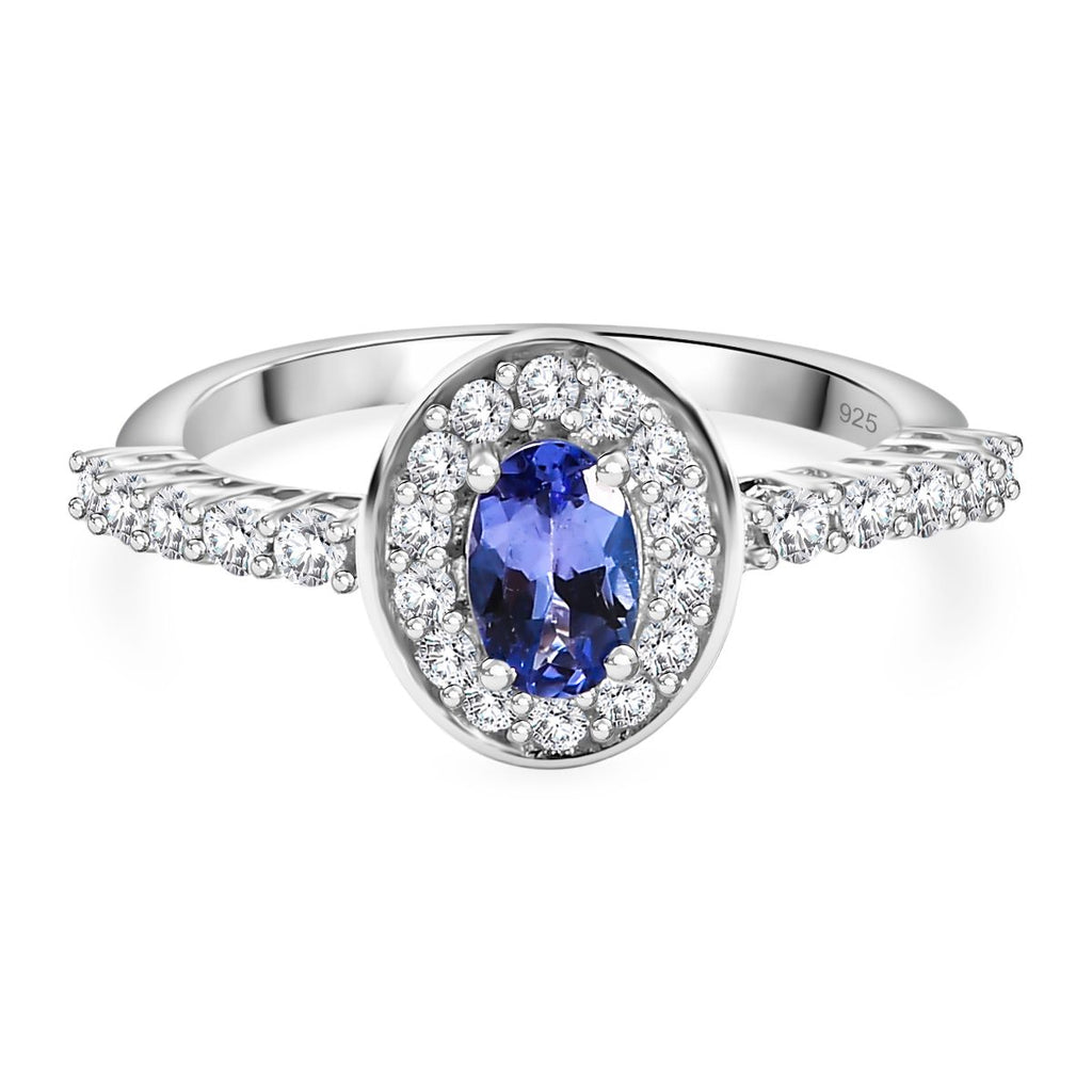 AAA Tanzanite & White Zircon Halo Ring in Rhodium Overlay Sterling Silver 1.03 Ct._7844429