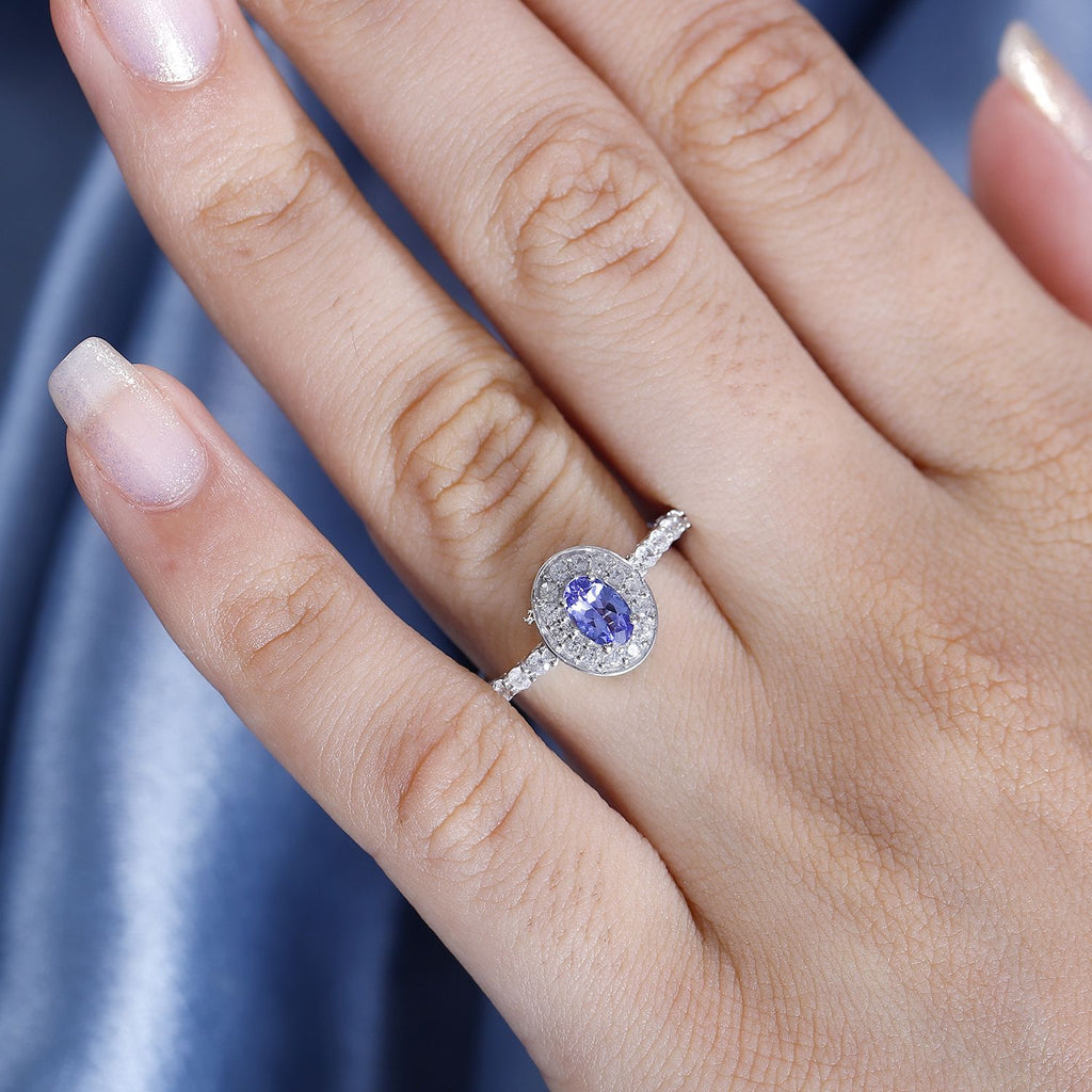 AAA Tanzanite & White Zircon Halo Ring in Rhodium Overlay Sterling Silver 1.03 Ct._7844429_2