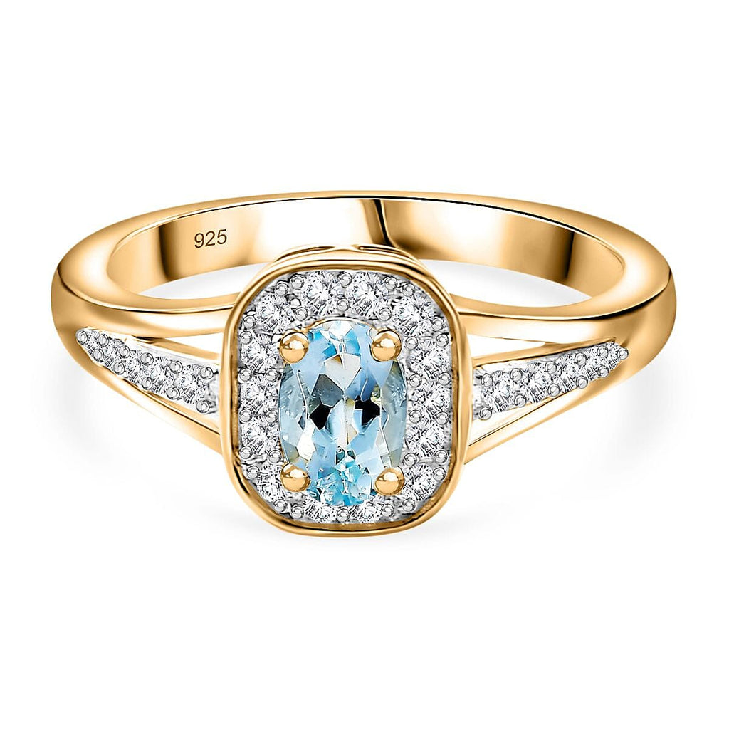 D'Joy - Santamaria Aquamarine & Natural Zircon Cushion Halo Split Shank Ring in 18K Vermeil Yellow Gold Plated Sterling Silver_7844648