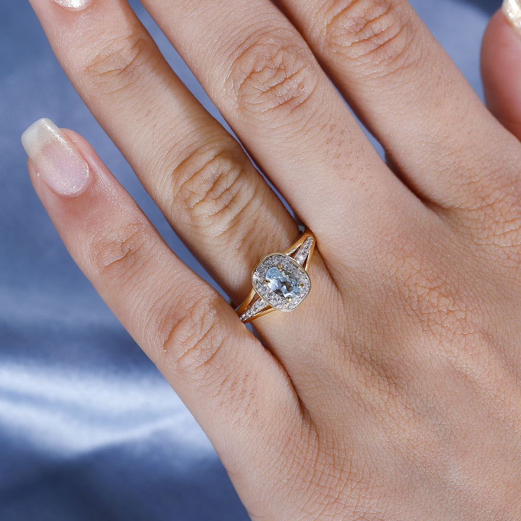 D'Joy - Santamaria Aquamarine & Natural Zircon Cushion Halo Split Shank Ring in 18K Vermeil Yellow Gold Plated Sterling Silver_7844653_2