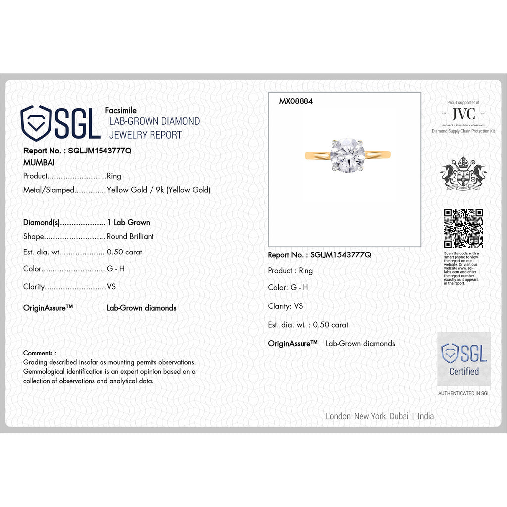 Luxuriant - 9K Yellow Gold SGL Certified (VS/GH) Lab Grown Diamond Solitaire Ring 0.50 Ct._7845736_6