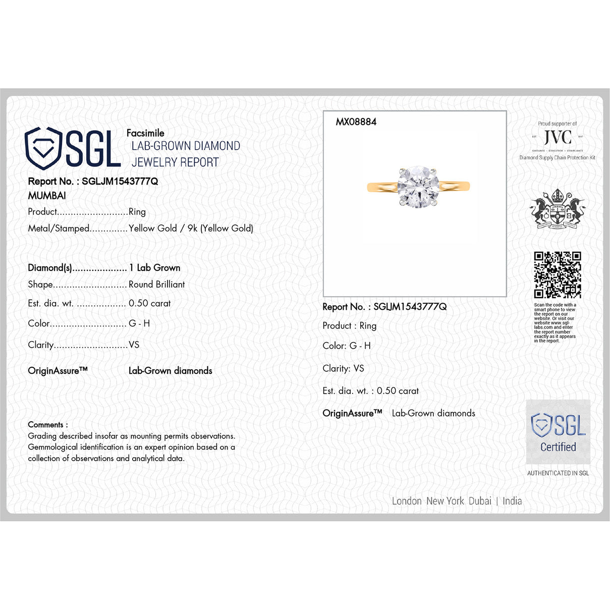 LUXURIANT  0.5 Ct. Lab Grown Diamond Solitaire Ring in 9K Yellow Gold SGL Certified 7845736 7