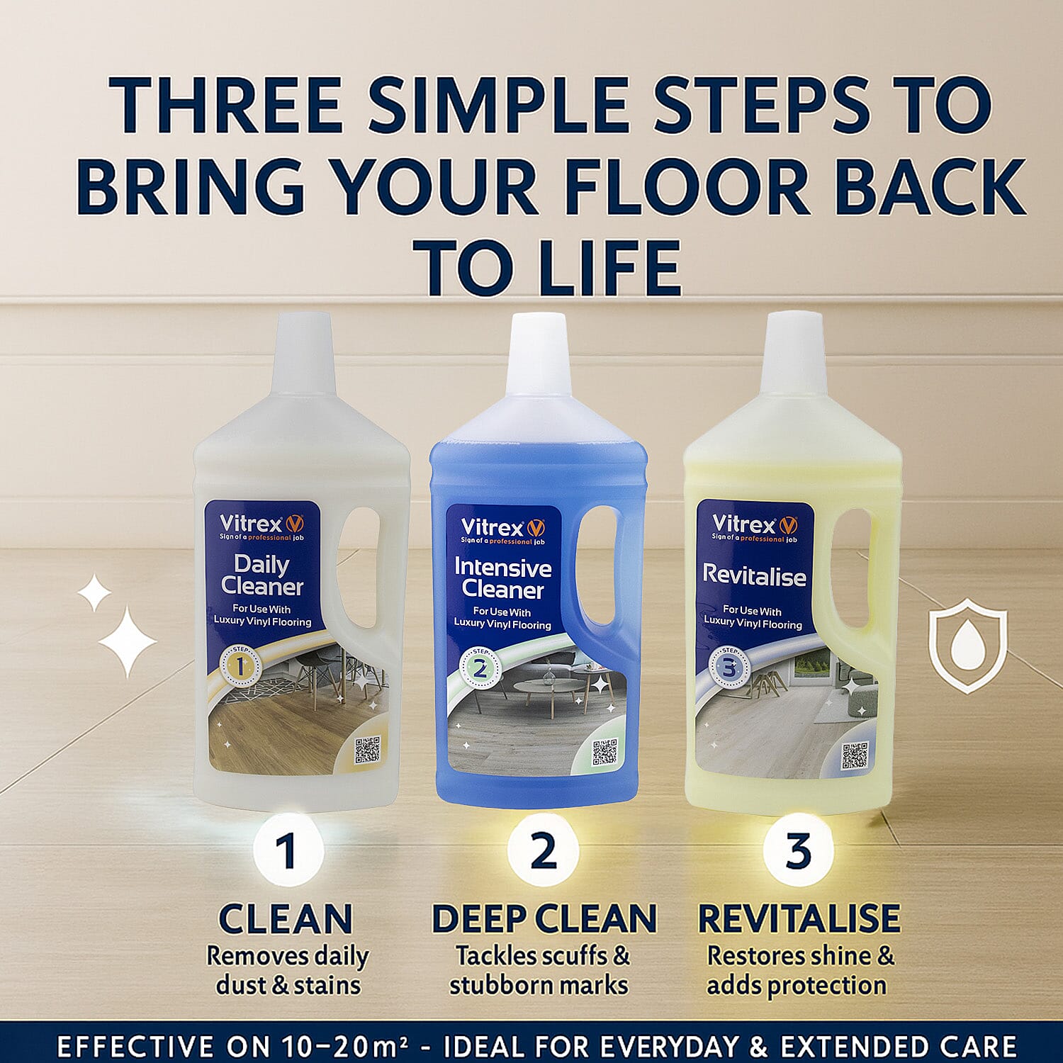 Vitrex Vinyl Tile Cleaning Care Kit Luxury 3-Step Maintenance Self Adhesive Pads 7848009 1