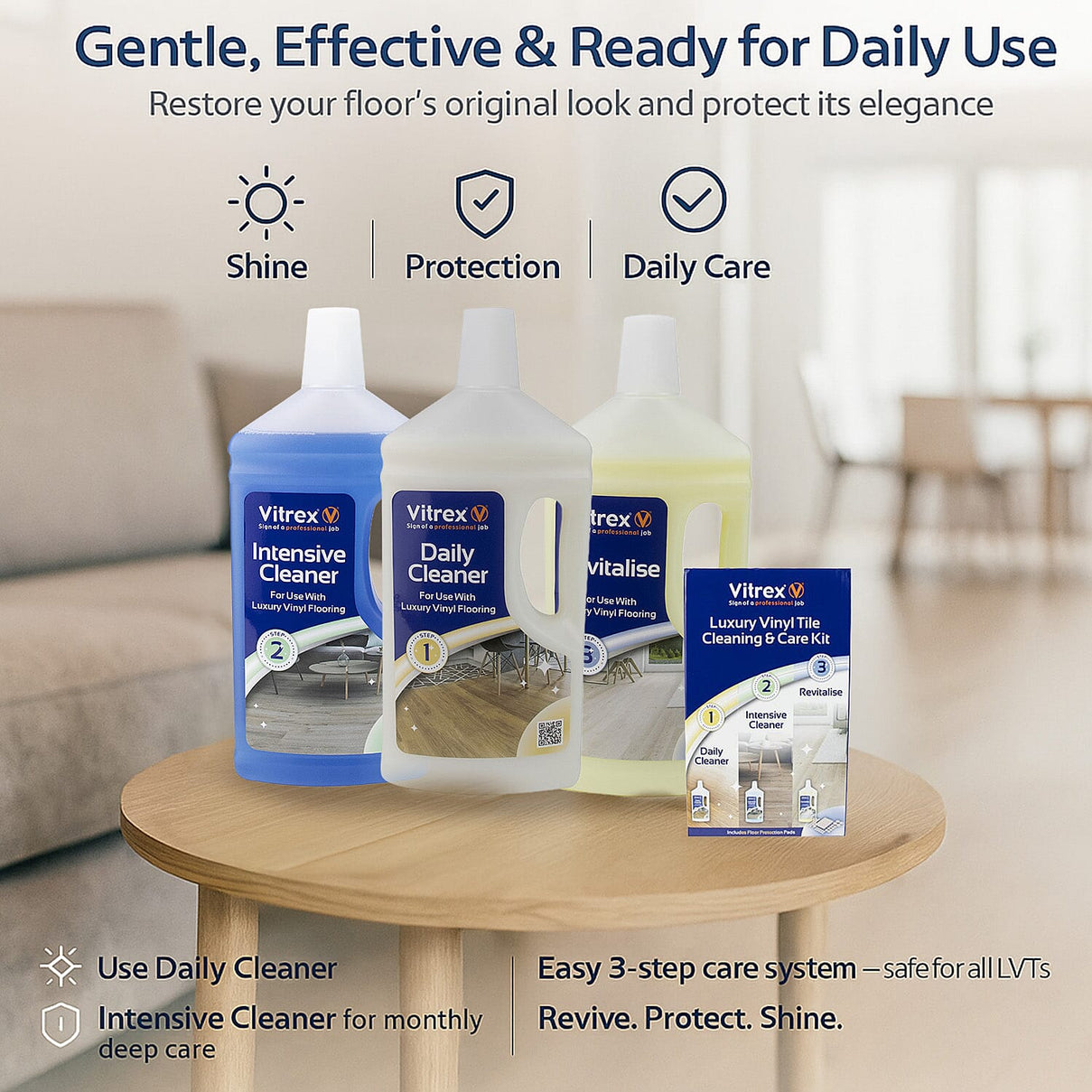 Vitrex Vinyl Tile Cleaning Care Kit Luxury 3-Step Maintenance Self Adhesive Pads 7848009 3