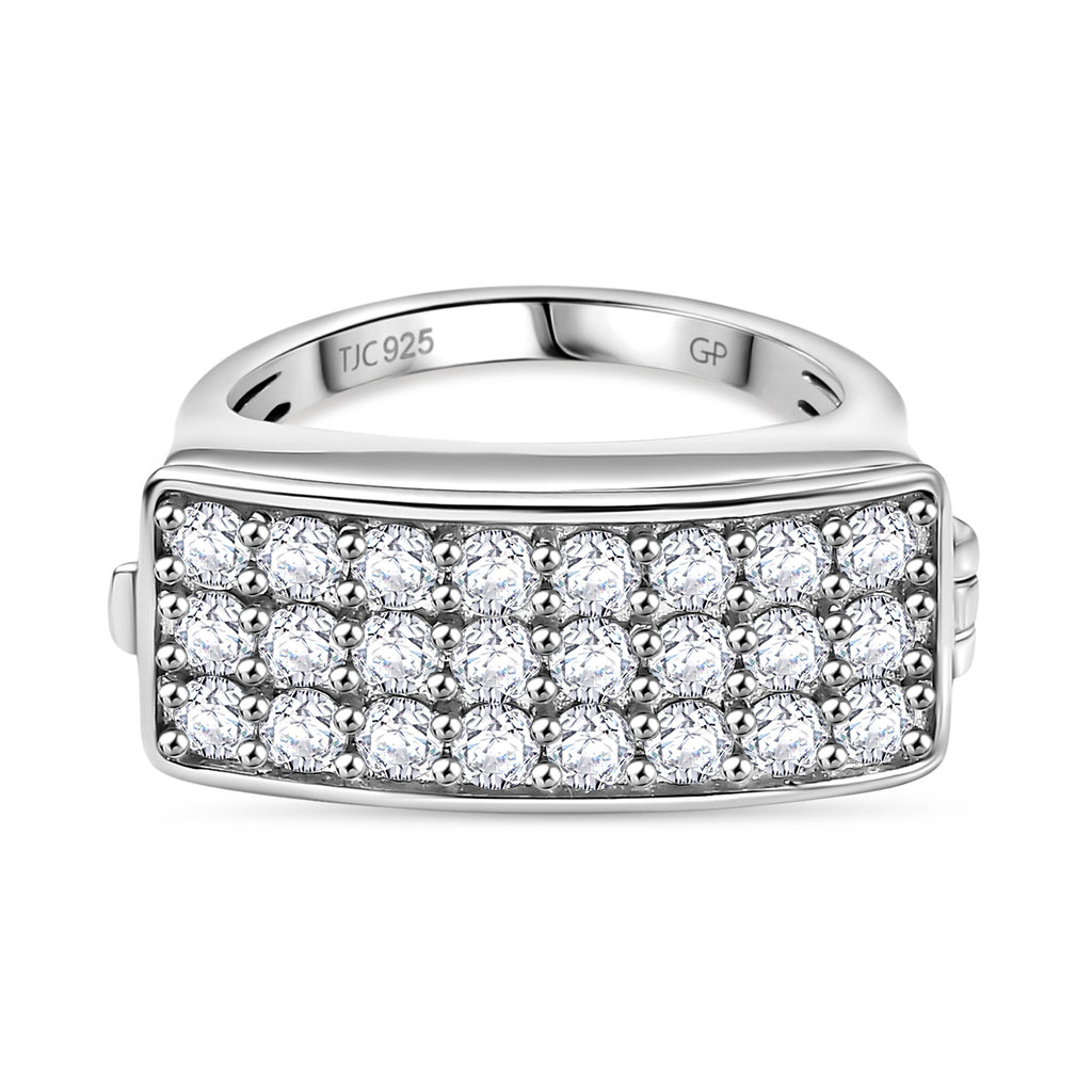 GP Art Deco Collection - Moissanite Signet Ring with Heart Ruby Pendant in Rhodium Overlay Sterling Silver 1.98 Ct._7849974
