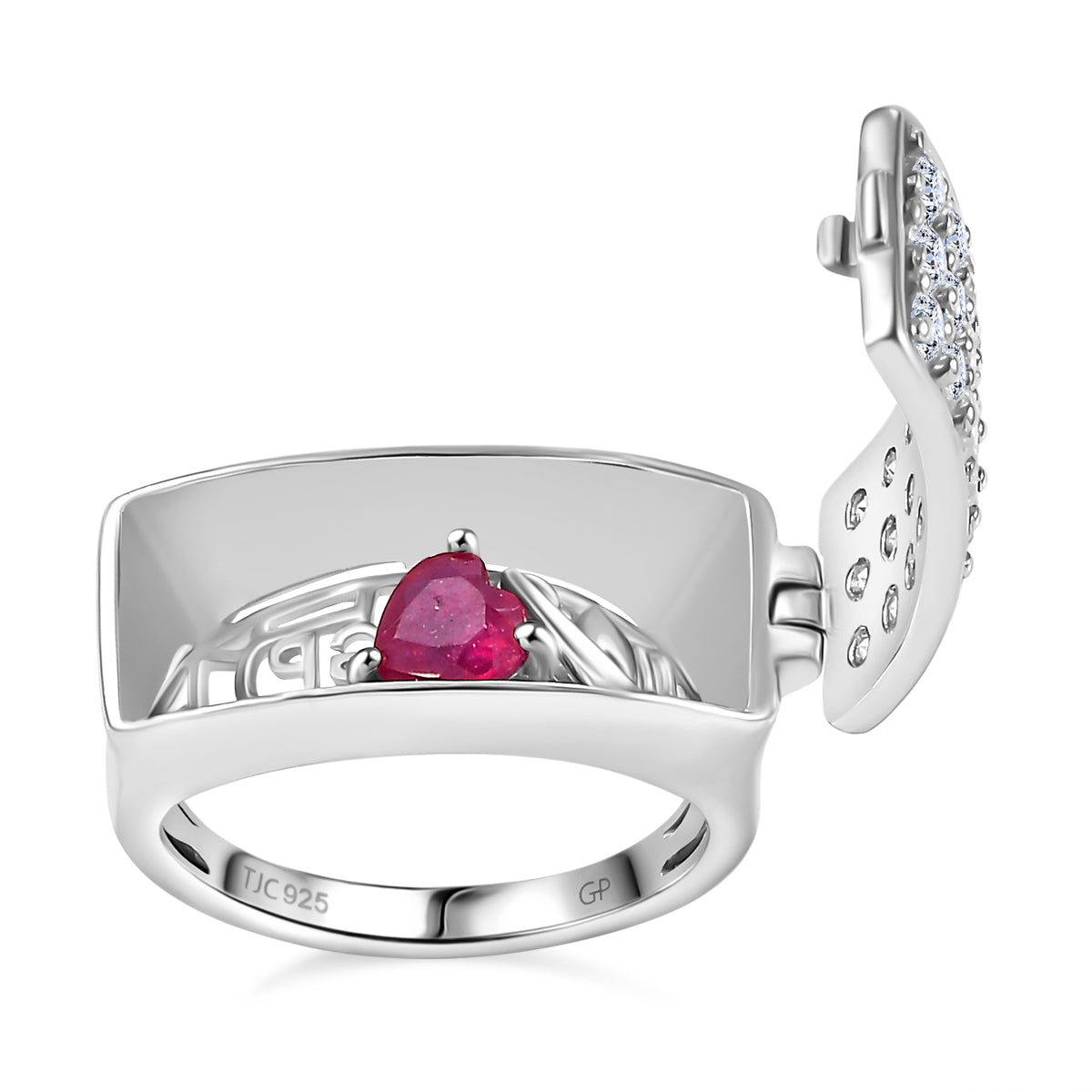 GP Art Deco Collection - Moissanite Signet Ring with Heart Ruby Pendant in Rhodium Overlay Sterling Silver 7849974 7