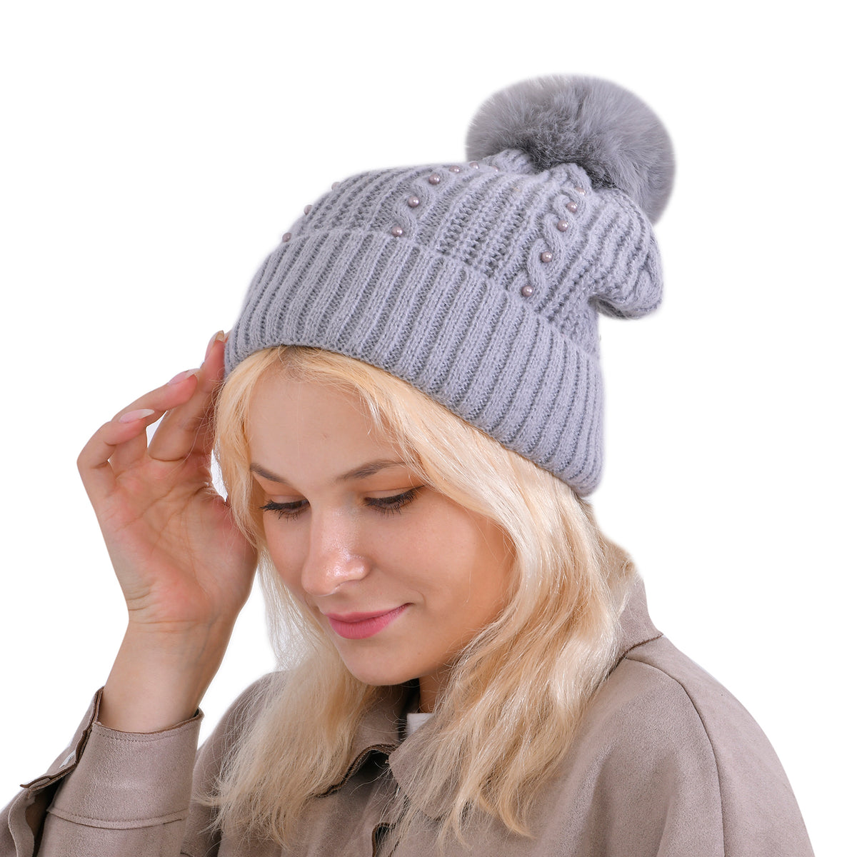 Cuff Beanie with Faux Pearl (22 x 21cm) - Grey V32513046 0