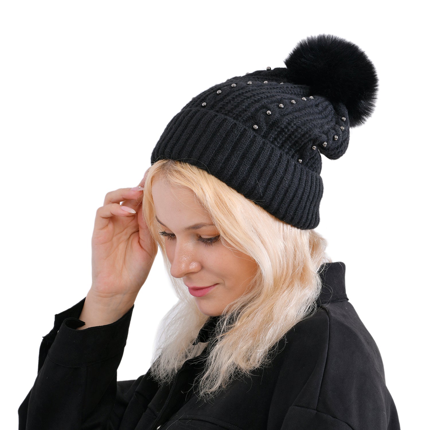 Cuff Beanie with Faux Pearl (22 x 21cm) - Black V32513338 2