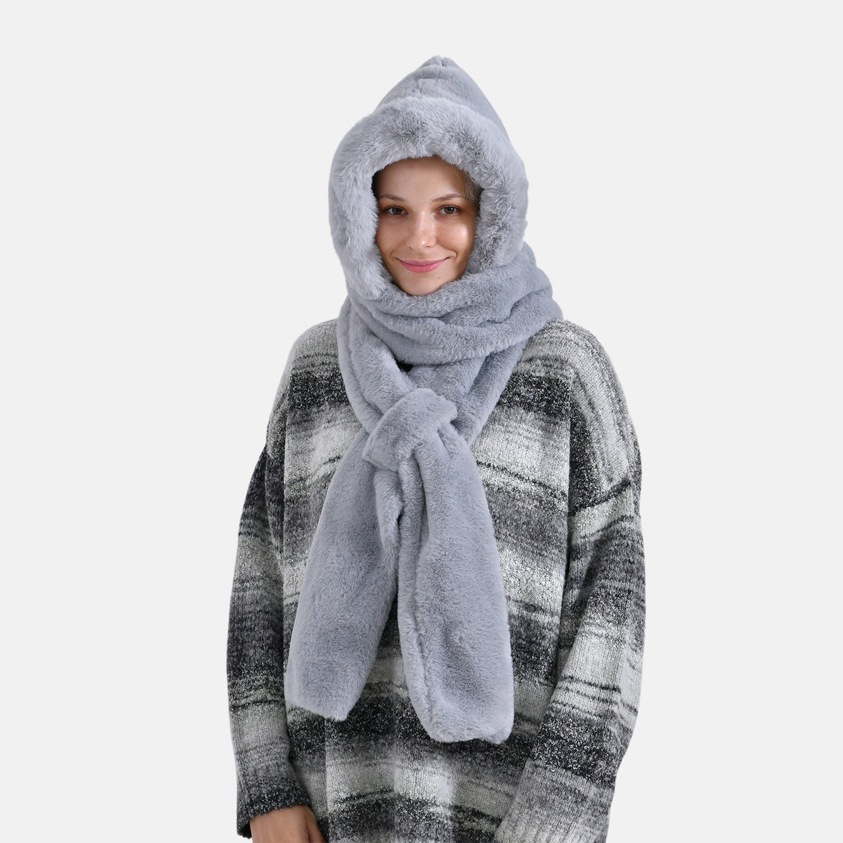 Plush Hooded Hat and Scarf Set V32354084 0
