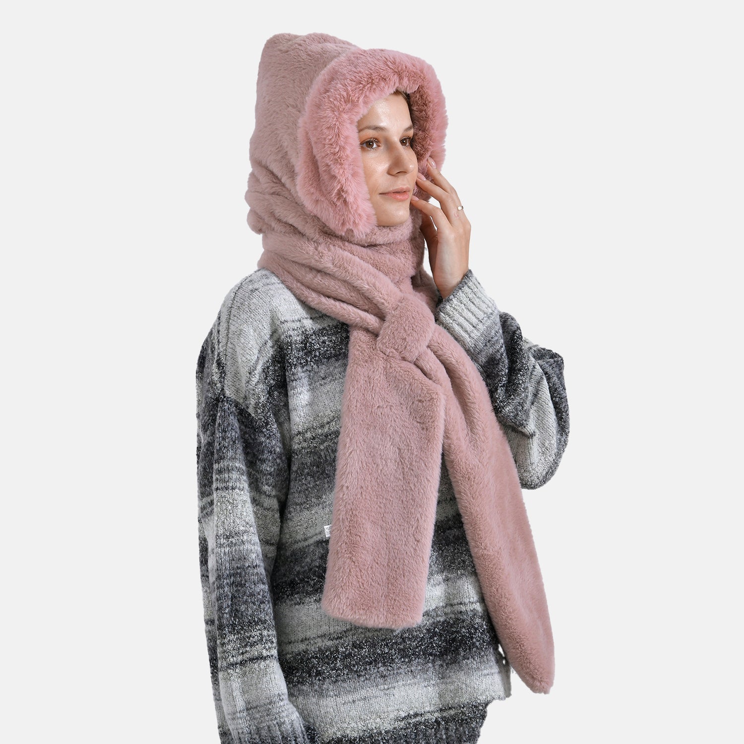 Plush Hooded Hat and Scarf Set V32358750 3