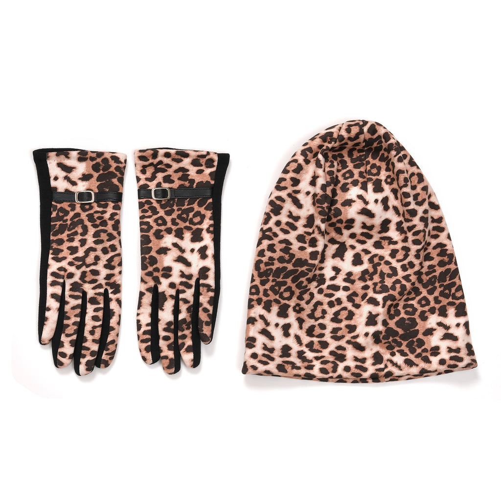 Leopard Print Benie Hat and Gloves Set - Light Brown_7850632