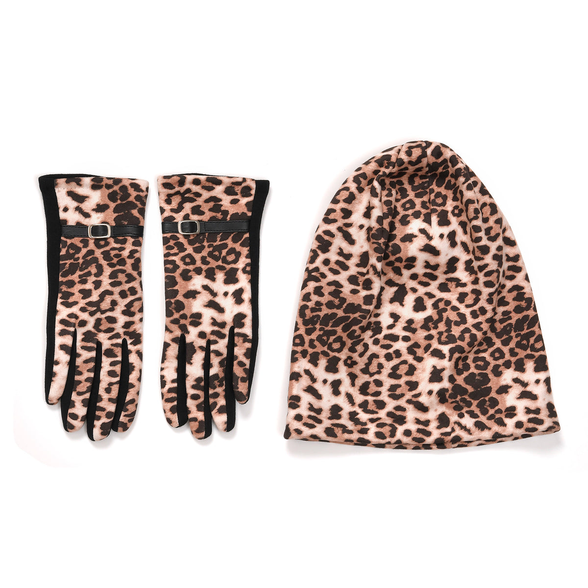 Leopard Print Benie Hat and Gloves Set V32513578 0